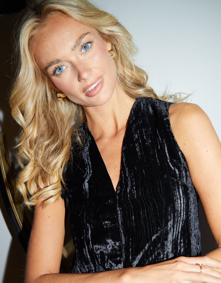Black Crinkle Velvet Waistcoat