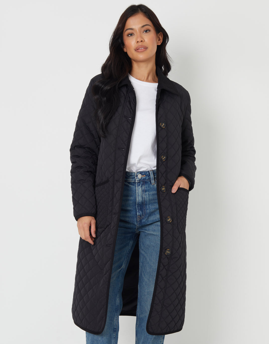 Black Button Up Collared Diamond Quilted Maxi Coat