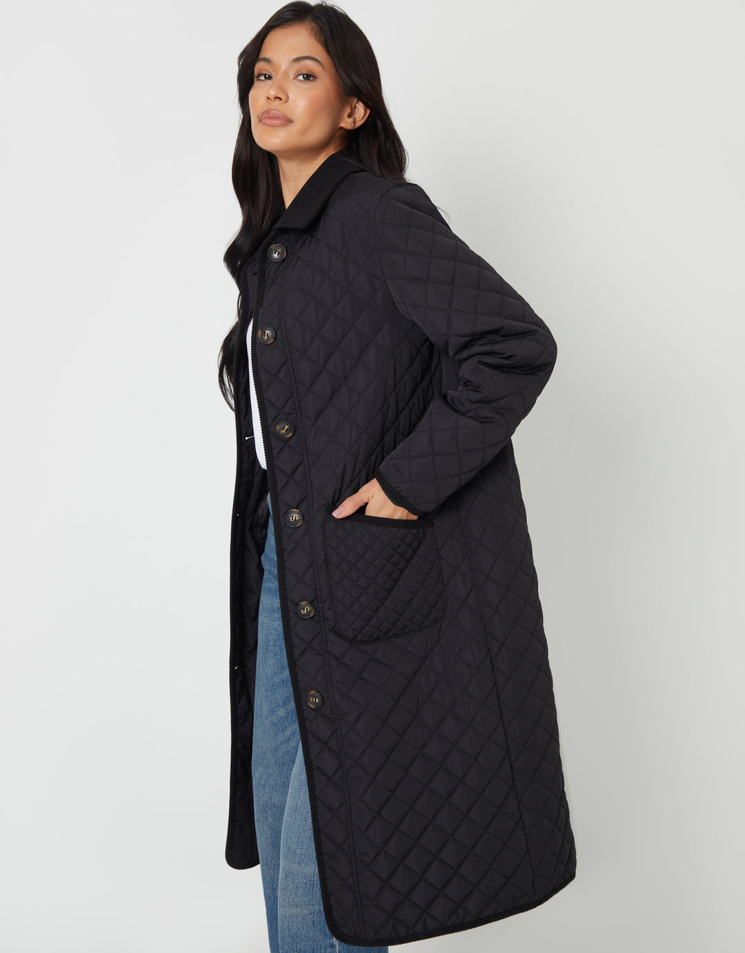 Black Button Up Collared Diamond Quilted Maxi Coat