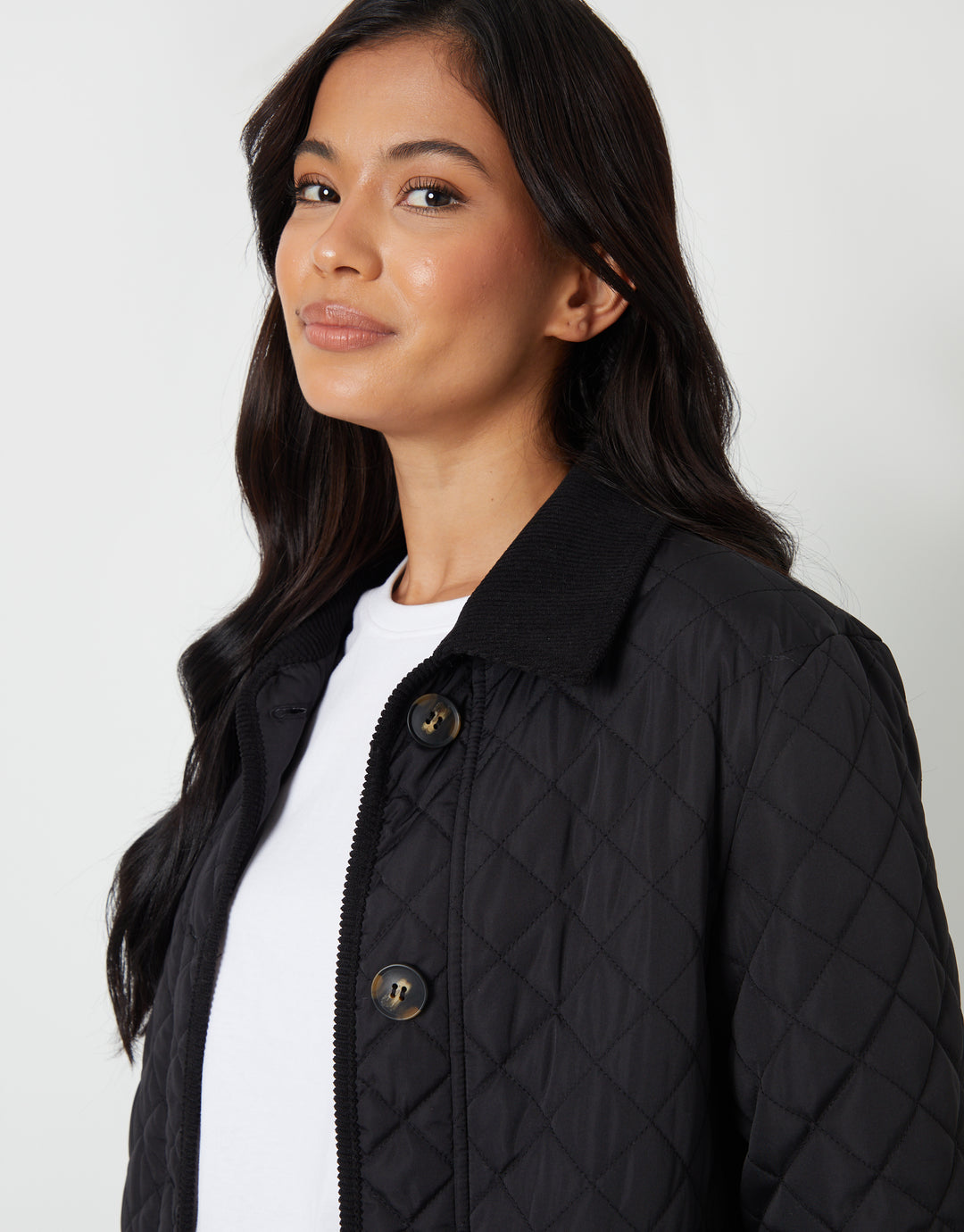 Black Button Up Collared Diamond Quilted Maxi Coat