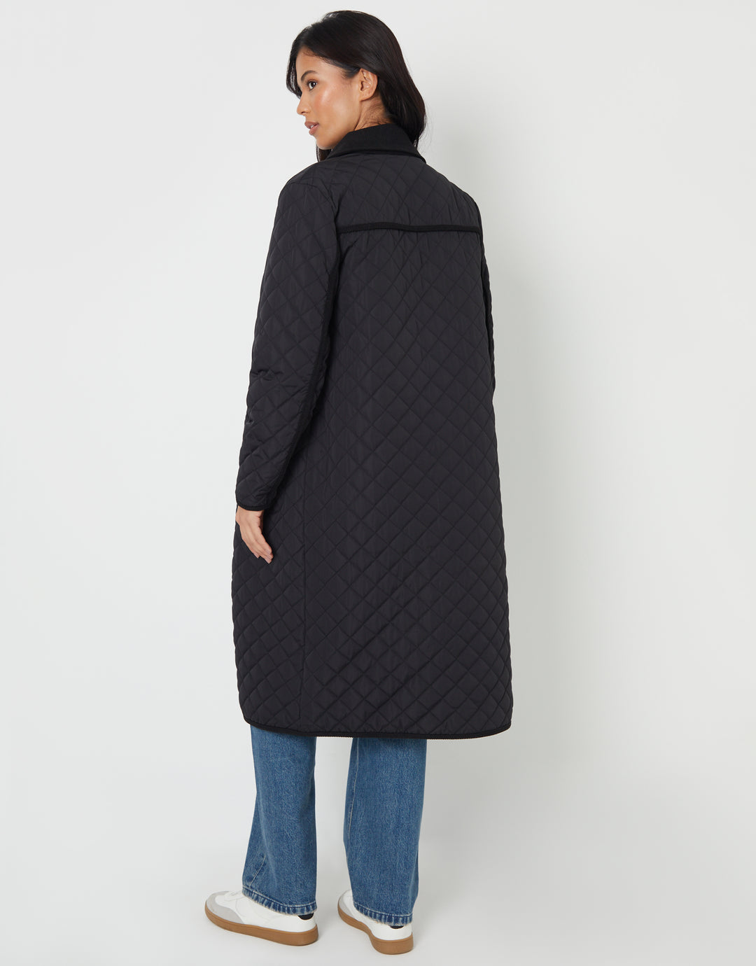 Black Button Up Collared Diamond Quilted Maxi Coat