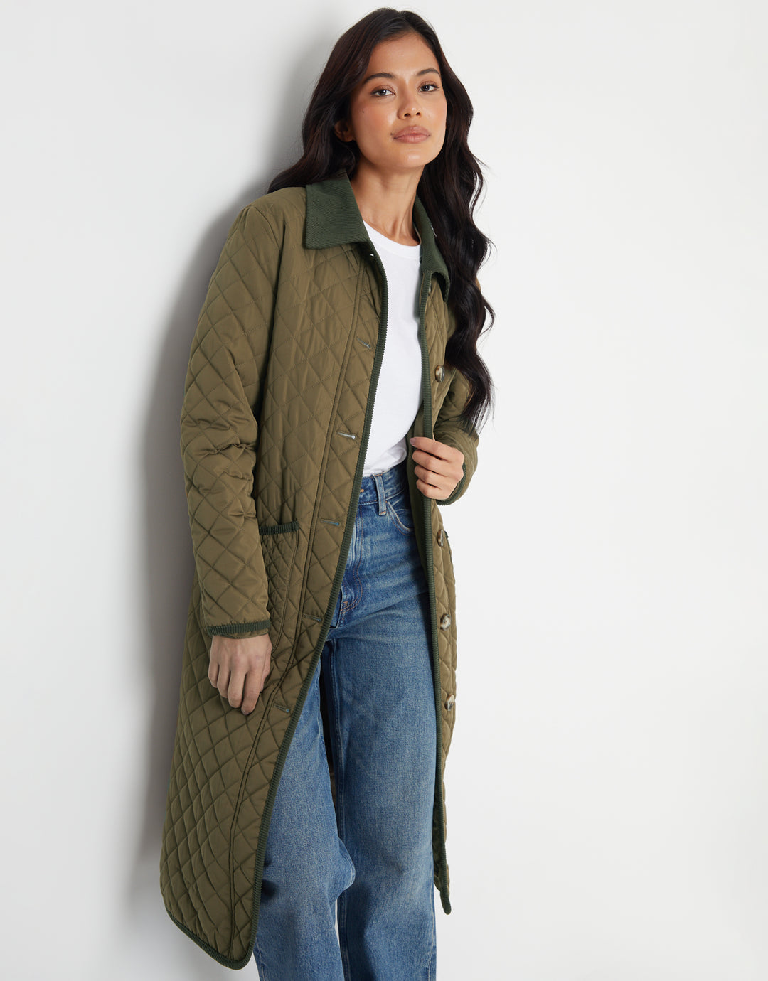 Khaki Green Button Up Collared Diamond Quilted Maxi Coat