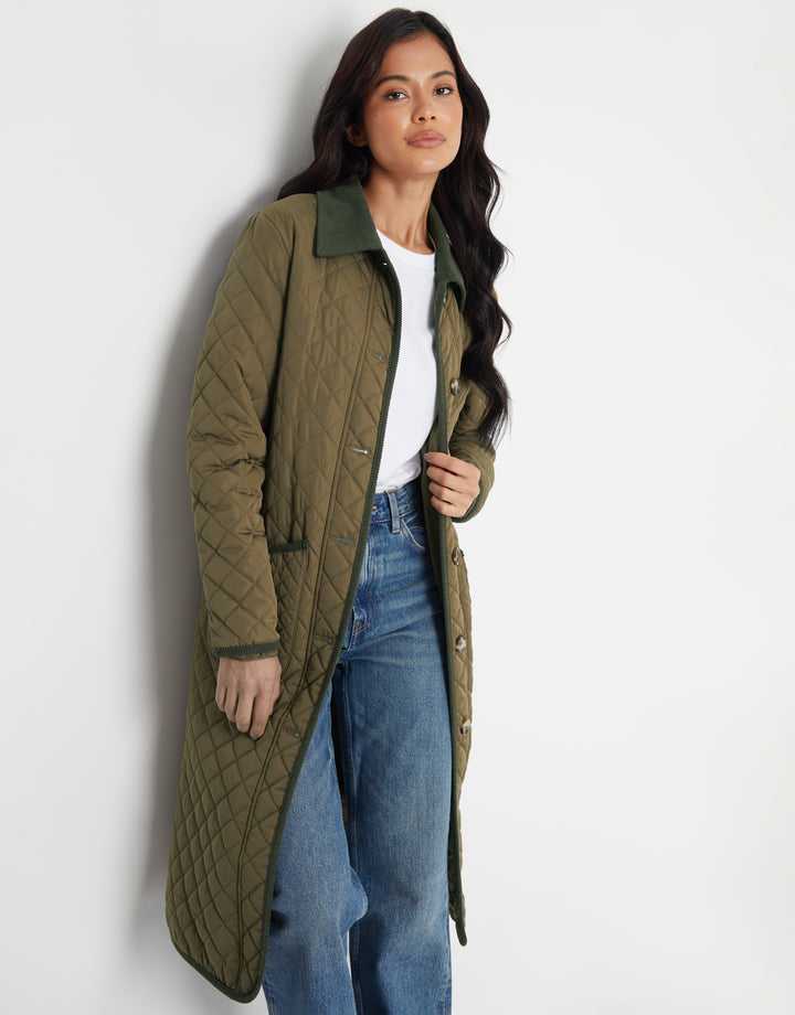 Khaki Green Button Up Collared Diamond Quilted Maxi Coat
