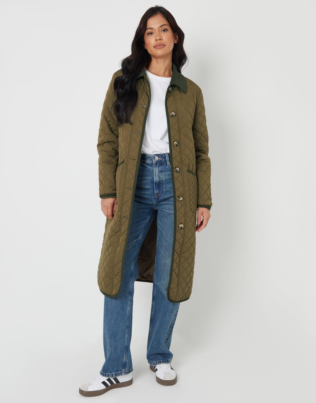 Khaki Green Button Up Collared Diamond Quilted Maxi Coat