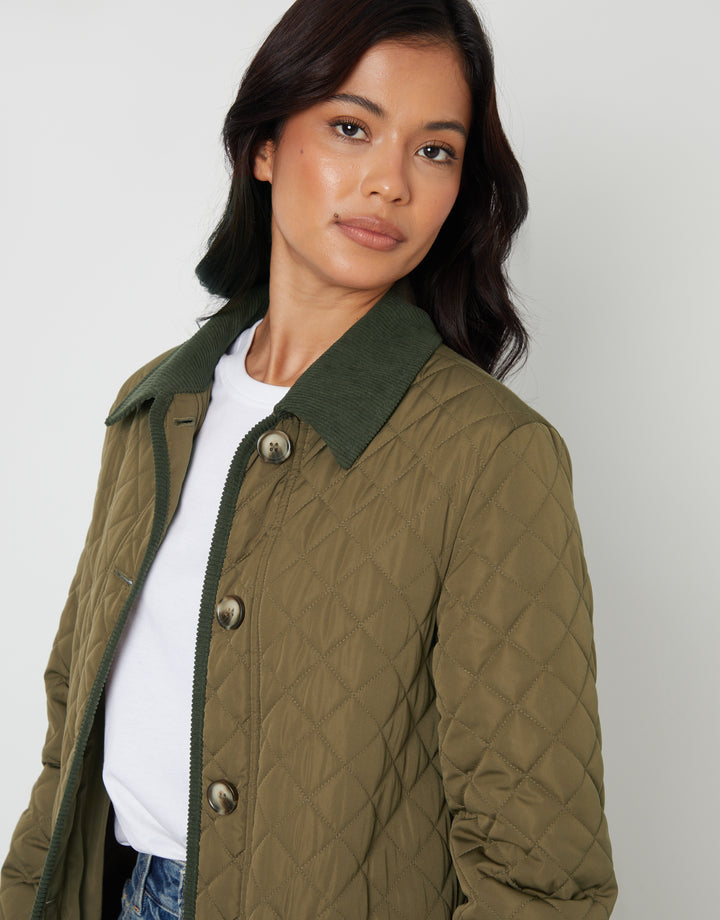 Khaki Green Button Up Collared Diamond Quilted Maxi Coat