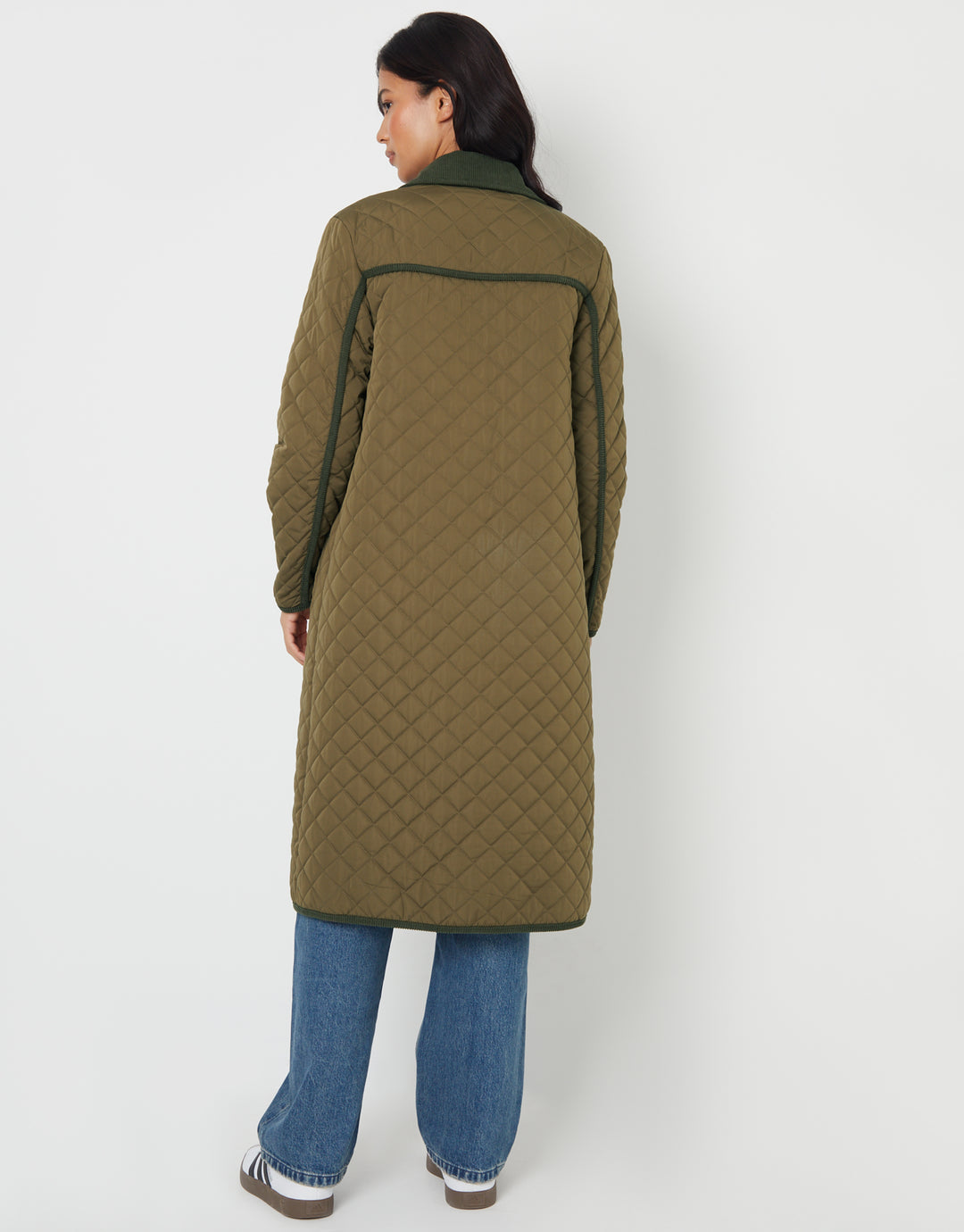 Khaki Green Button Up Collared Diamond Quilted Maxi Coat