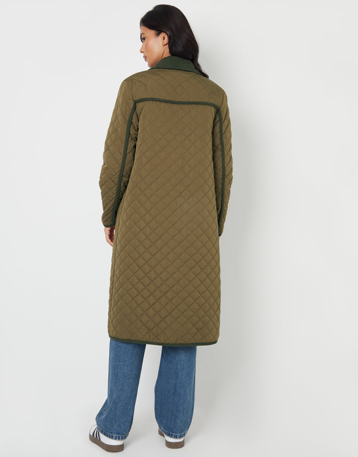 Khaki Green Button Up Collared Diamond Quilted Maxi Coat