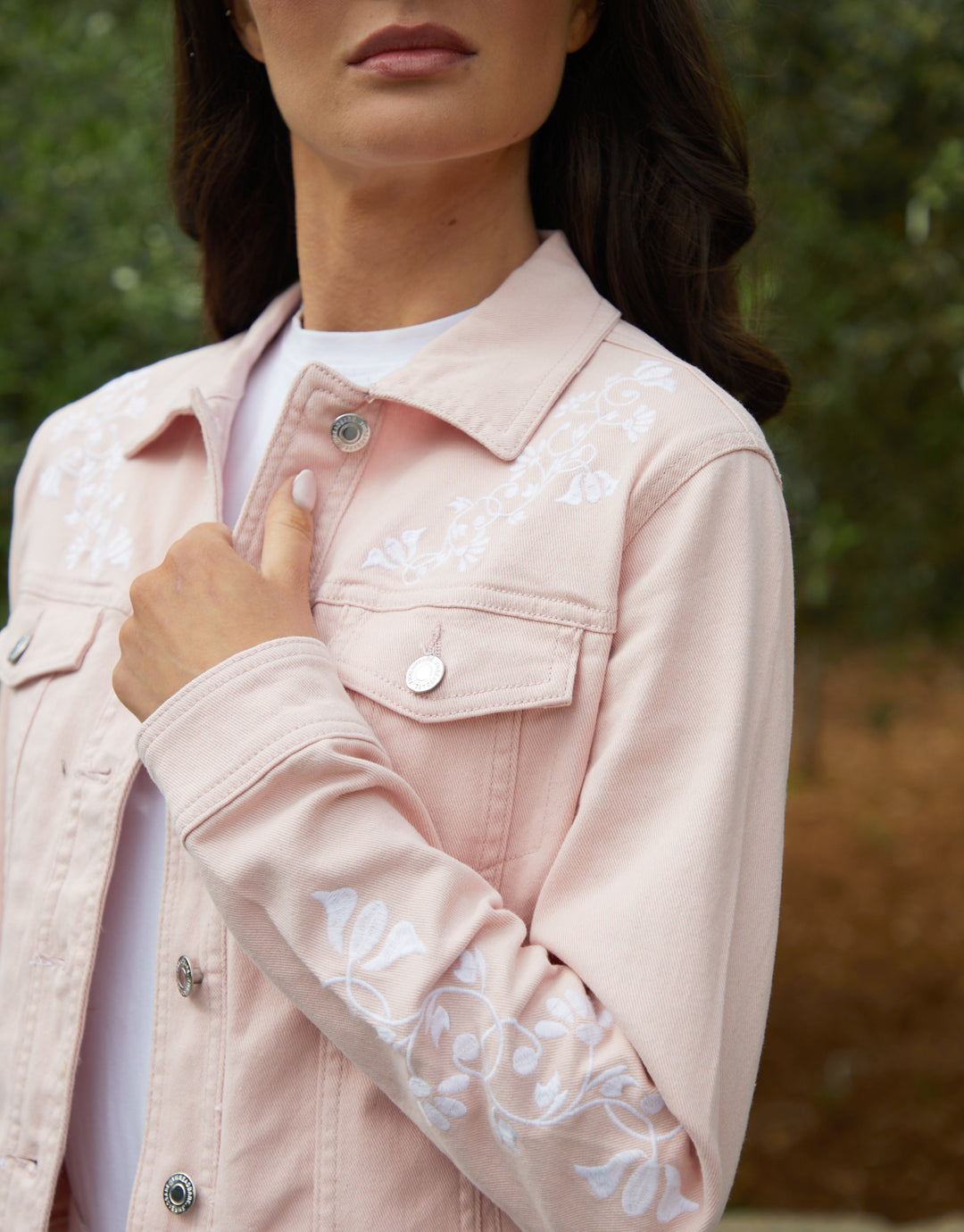 Threadbare Women's Pink Embroidered Stretch Denim Jacket