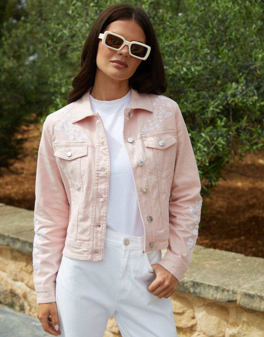 Pink Embroidered Stretch Denim Jacket