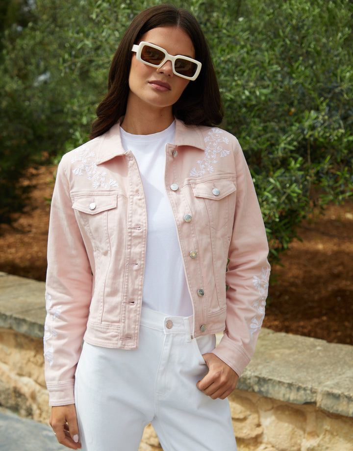 Pink Embroidered Stretch Denim Jacket