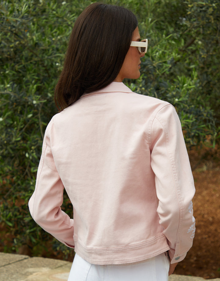 Pink Embroidered Stretch Denim Jacket