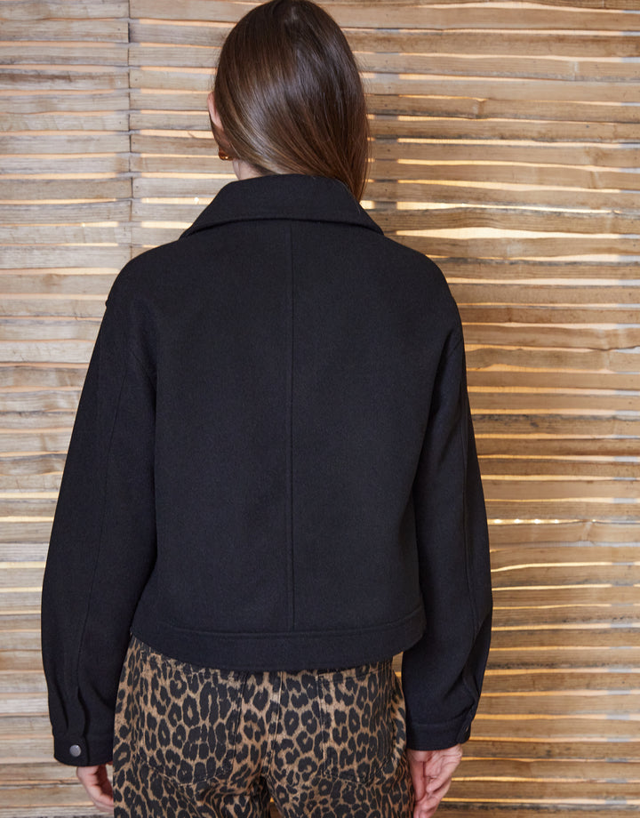 Black Faux Wool Collared Harrington Jacket