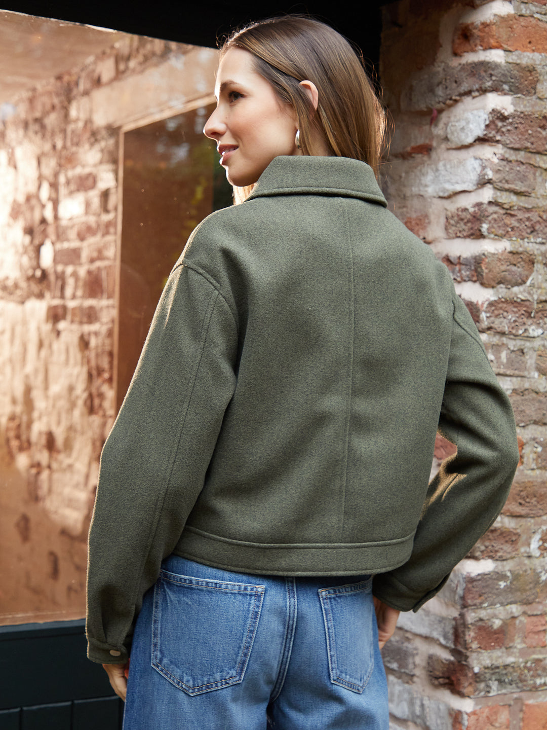 Khaki Green Faux Wool Collared Harrington Jacket