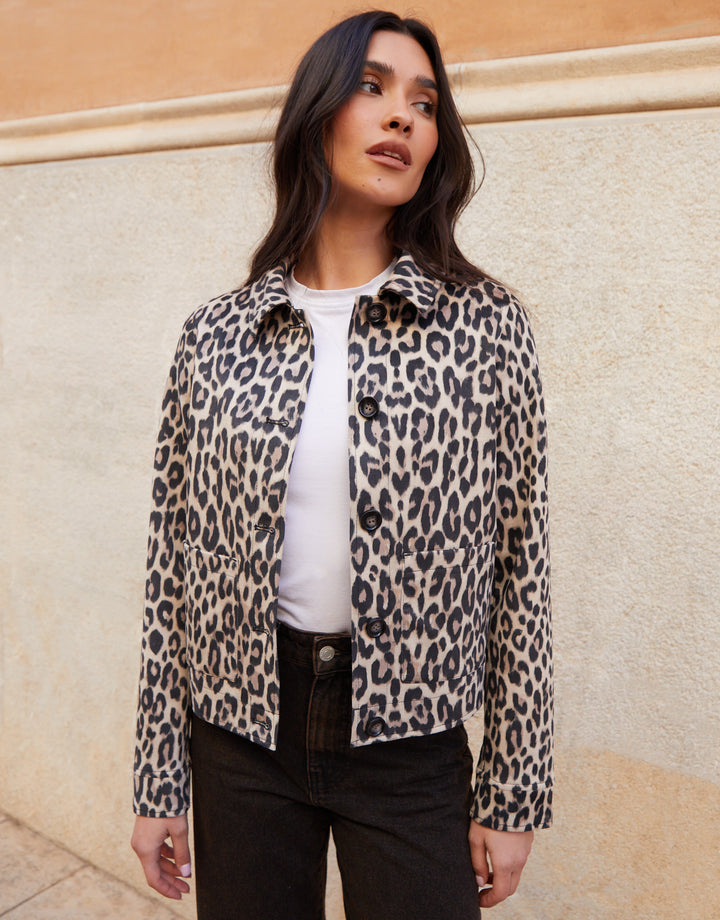 Leopard Print Cropped Button Up Suedette Shacket