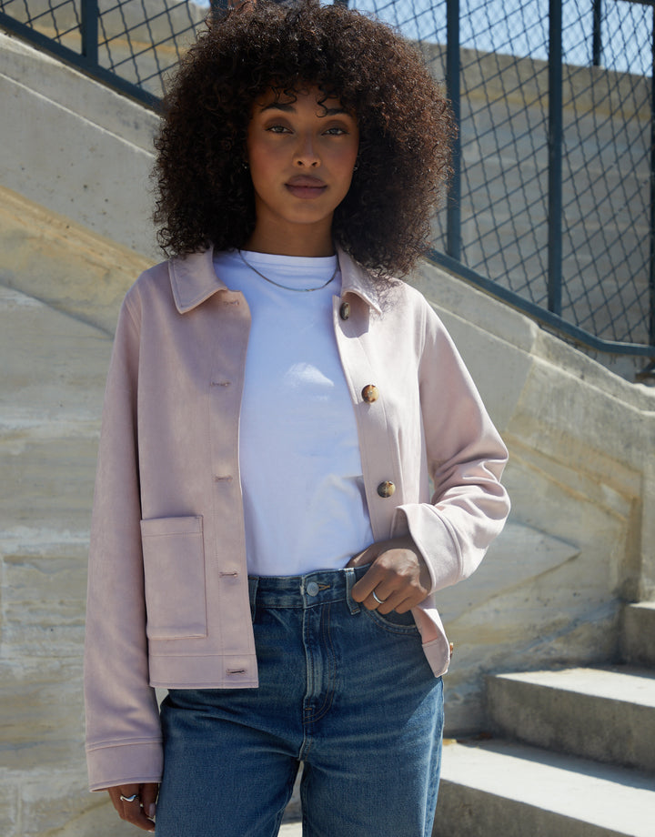 Pink Cropped Button Up Suedette Shacket