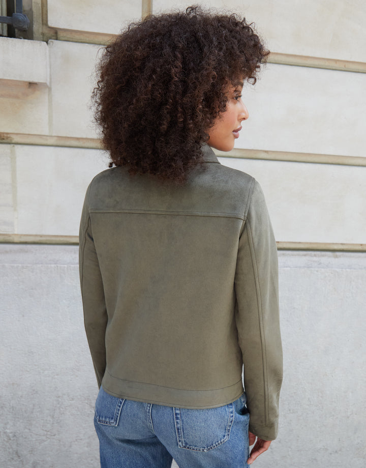 Olive Green Cropped Button Up Suedette Shacket