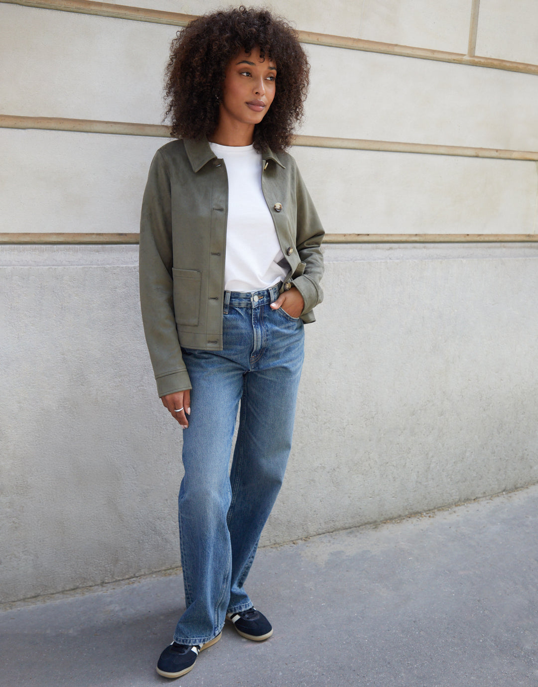 Olive Green Cropped Button Up Suedette Shacket