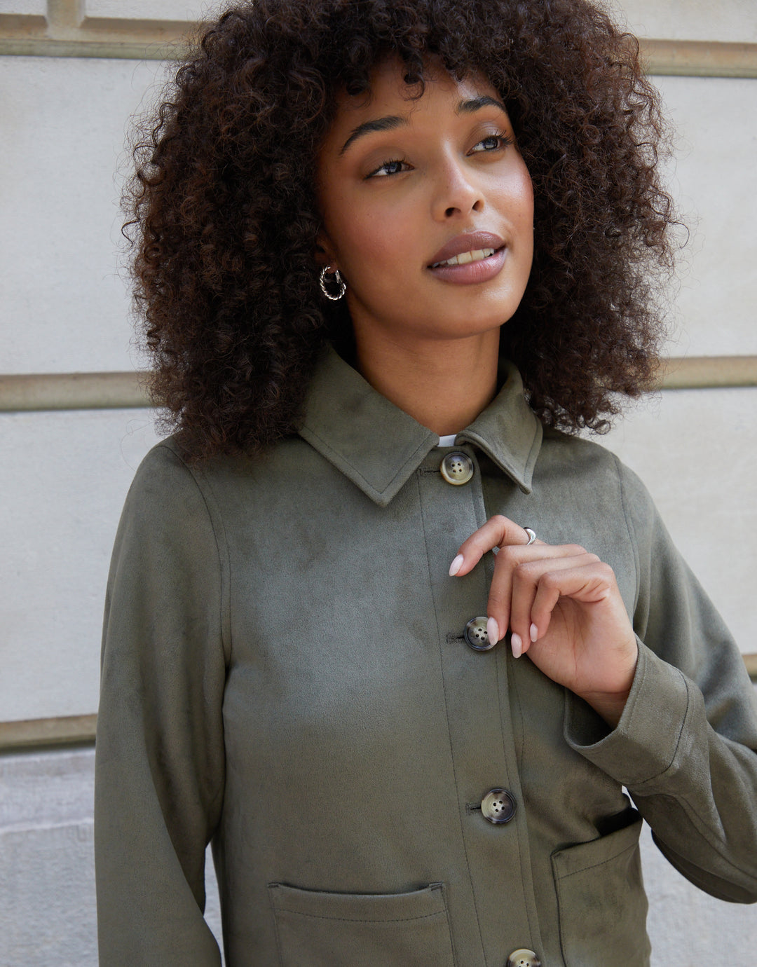 Olive Green Cropped Button Up Suedette Shacket