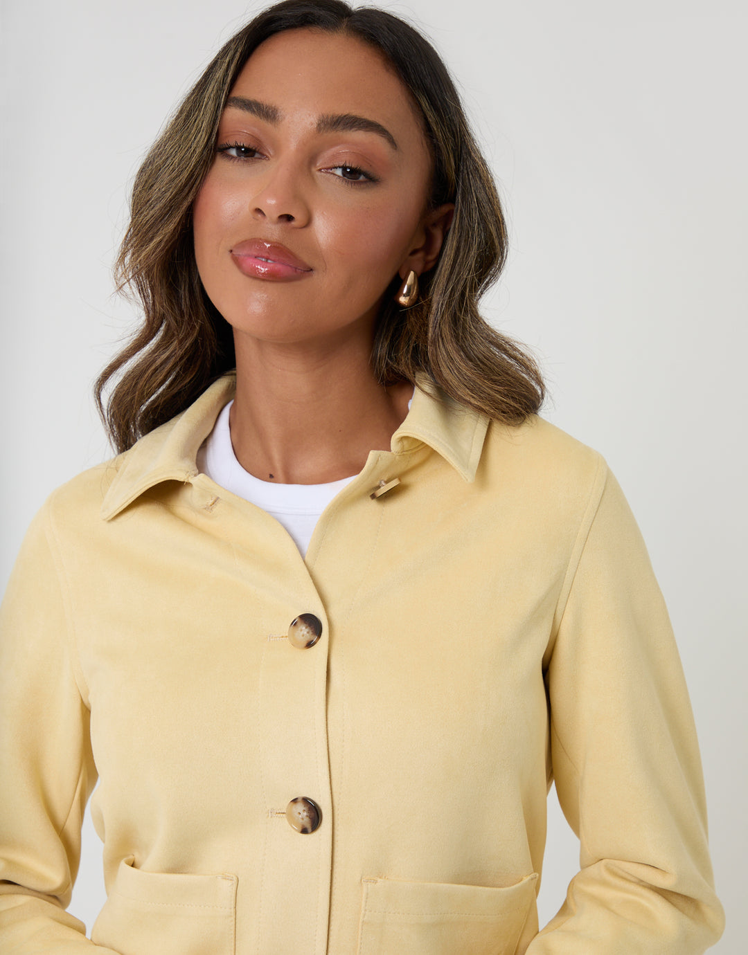 Threadbare Cropped Button Up Suedette Shacket in Yellow - front view close up