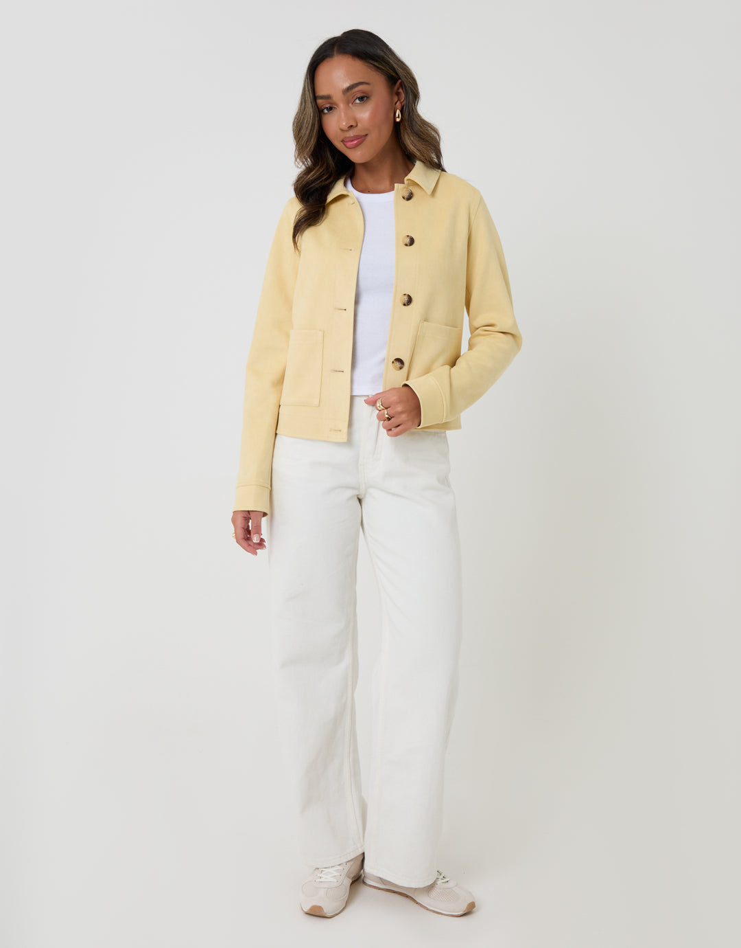 Threadbare Cropped Button Up Suedette Shacket in Yellow - full body