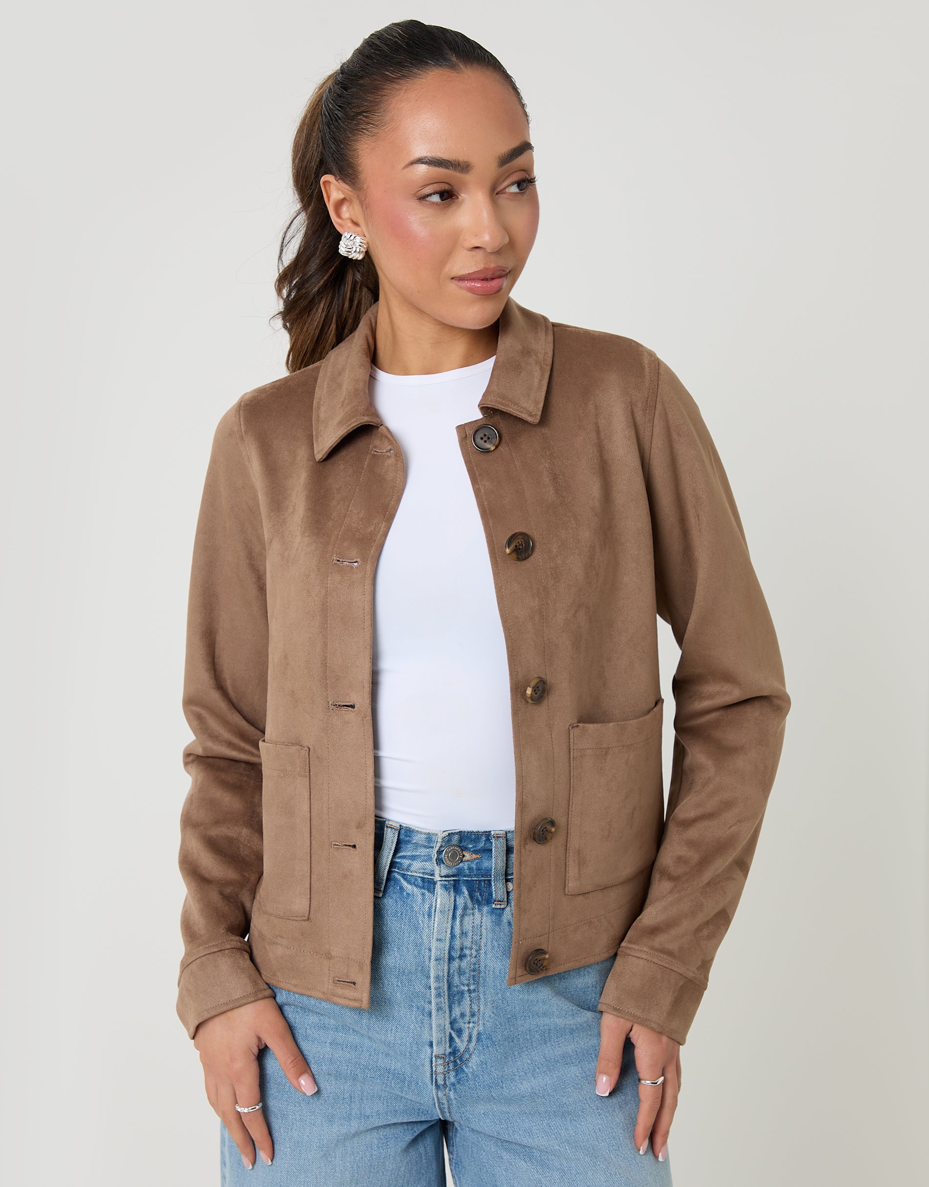 Cropped Button Up Suedette Shacket in Taupe