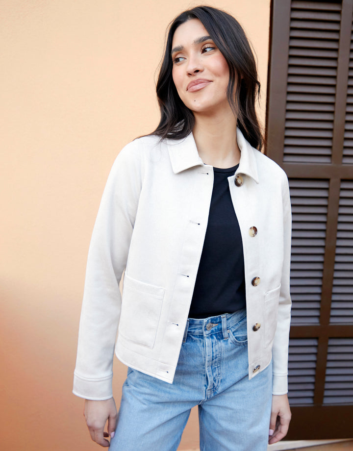 Ecru Cropped Button Up Suedette Shacket