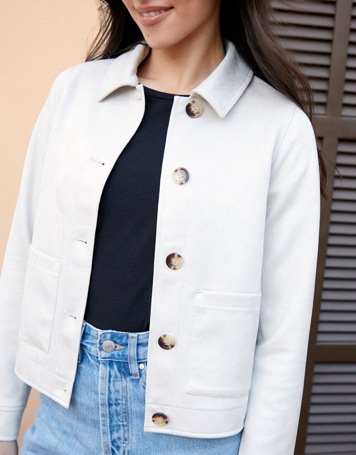 Ecru Cropped Button Up Suedette Shacket