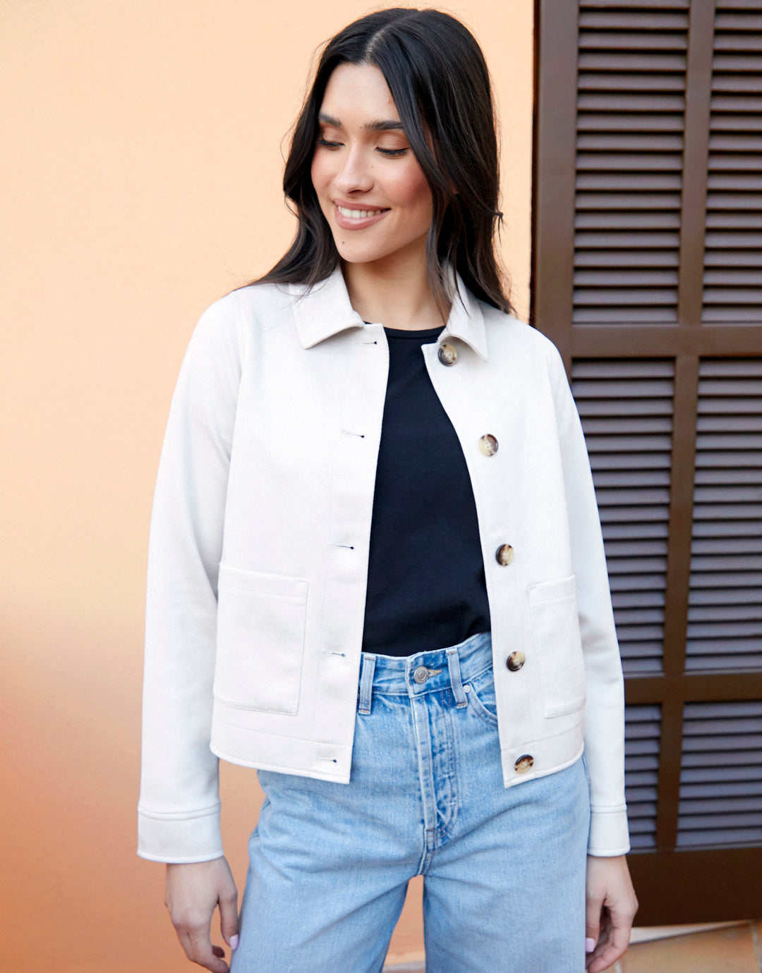 Ecru Cropped Button Up Suedette Shacket