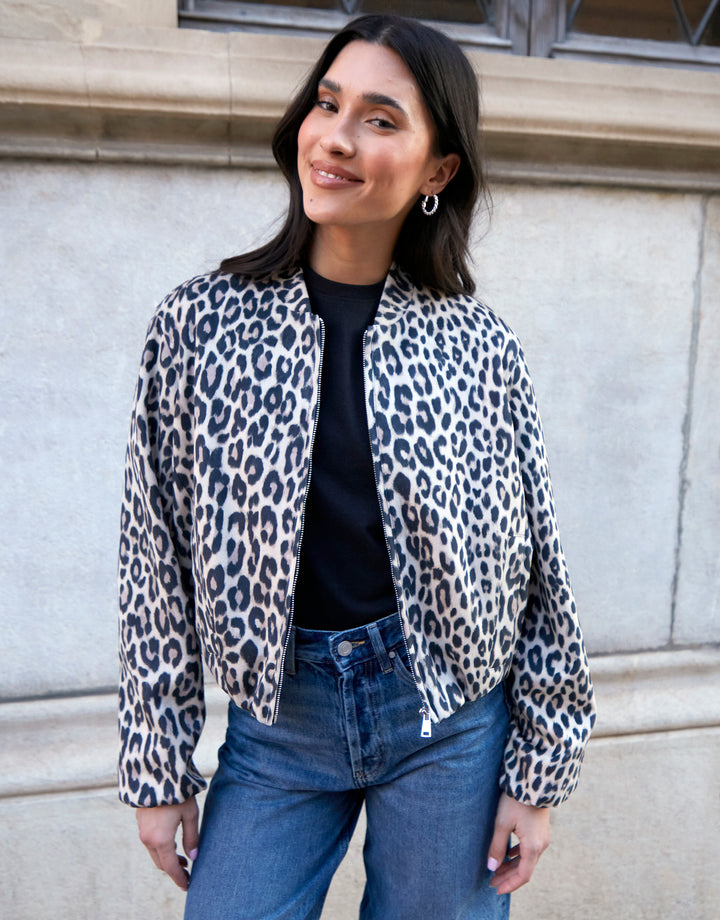 Leopard Print Bubble Hem Suedette Bomber Jacket