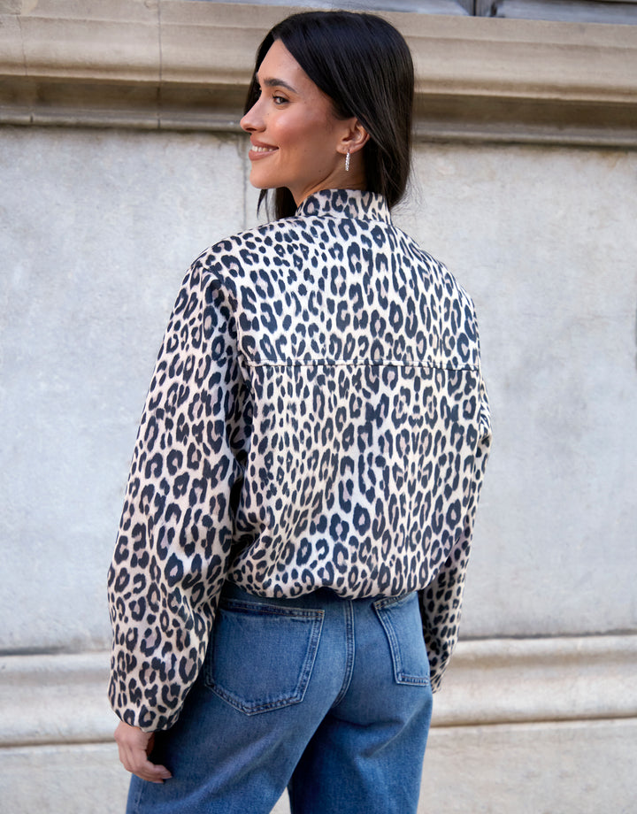 Leopard Print Bubble Hem Suedette Bomber Jacket