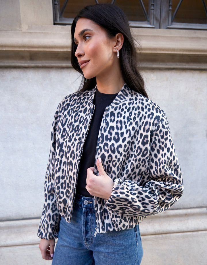 Leopard Print Bubble Hem Suedette Bomber Jacket