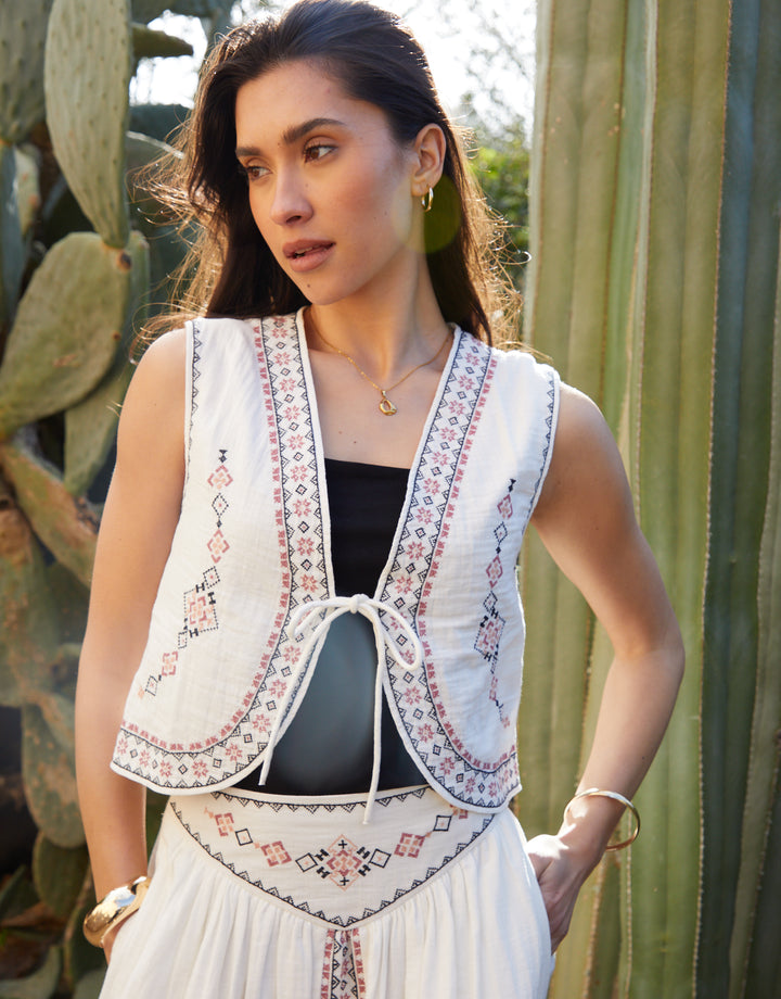Cream Embroidered Tie Front Waistcoat