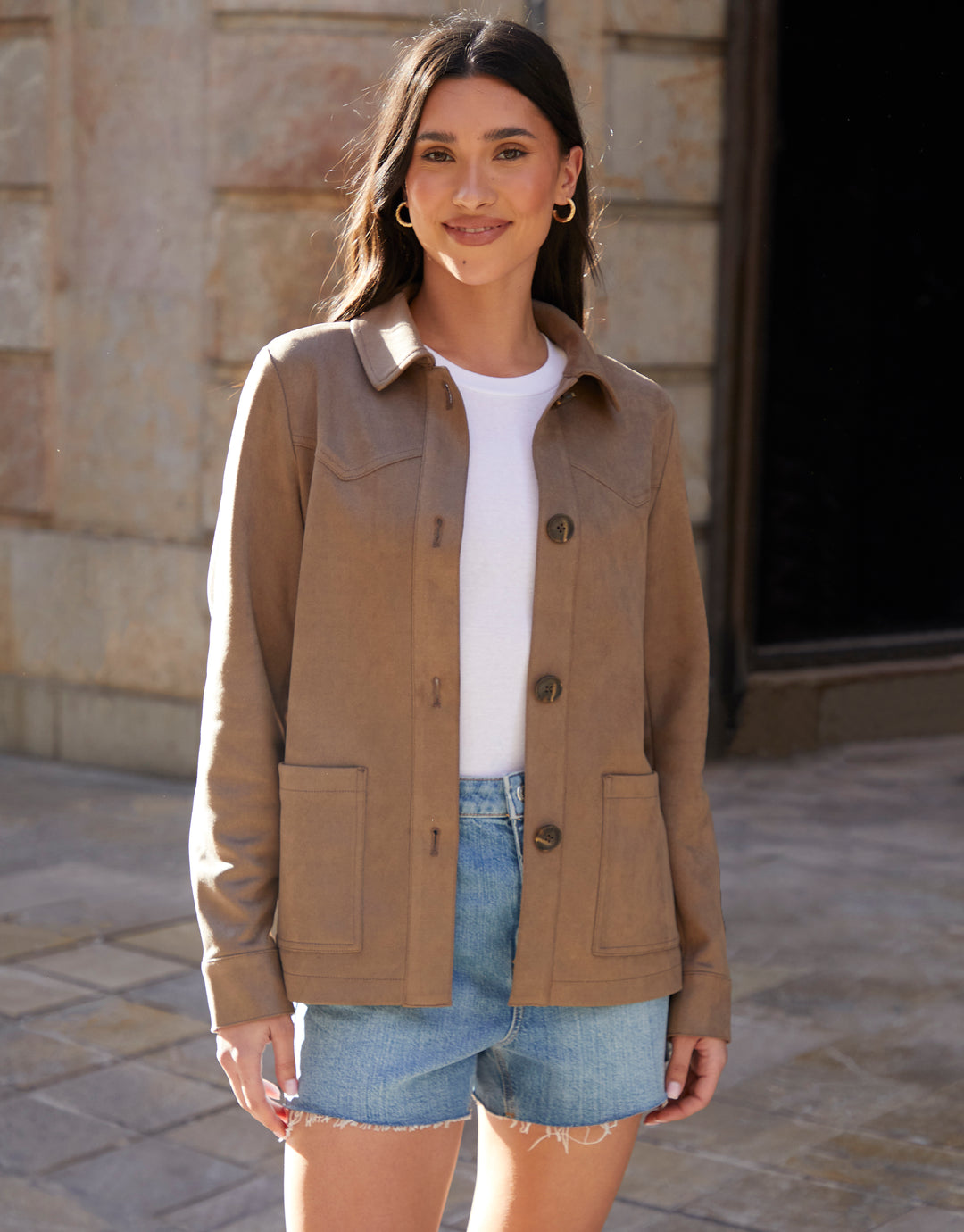 Taupe Yoke Detail Suedette Shacket