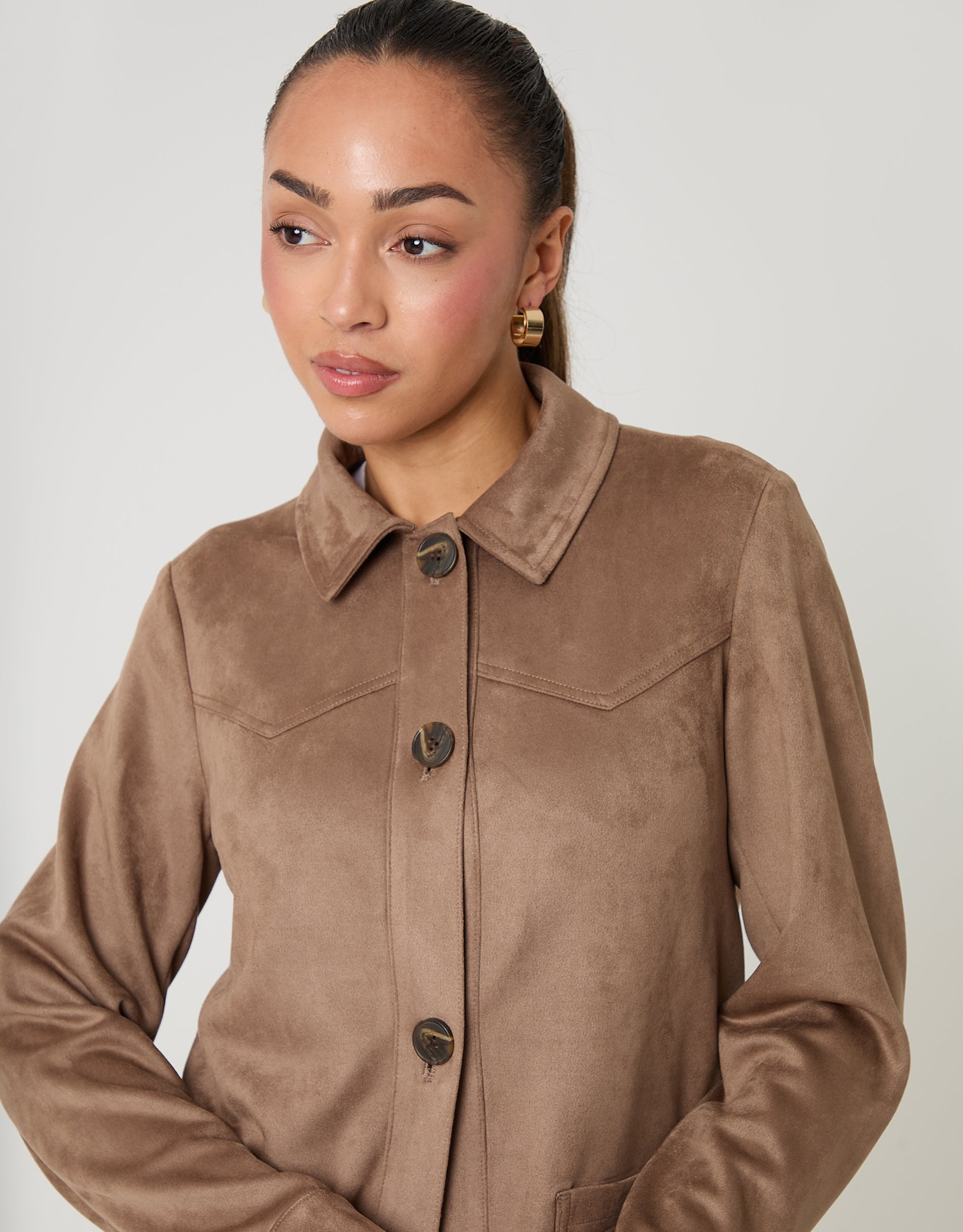 Threadbare Women's Yoke Detail Faux Suede Shacket in Taupe