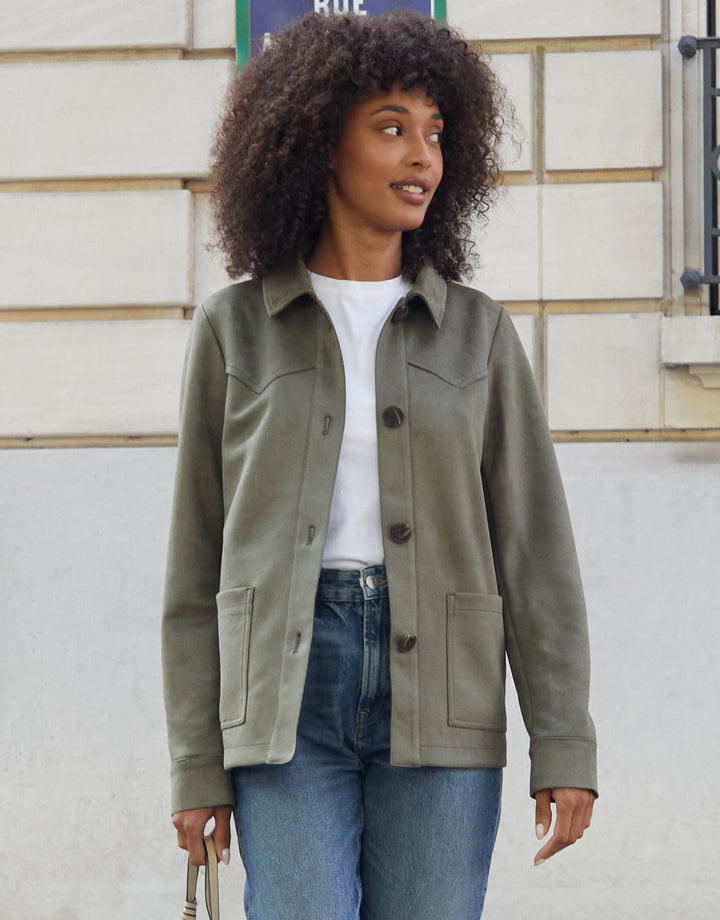 Olive Green Yoke Detail Suedette Shacket