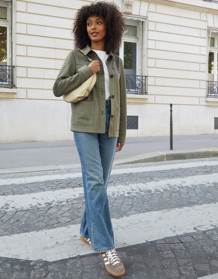 Olive Green Yoke Detail Suedette Shacket