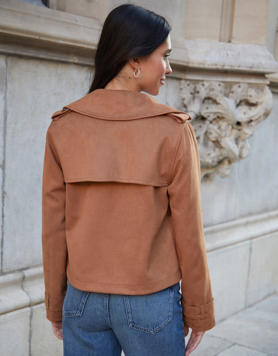 Tan Brown Suedette Cropped Trench Coat