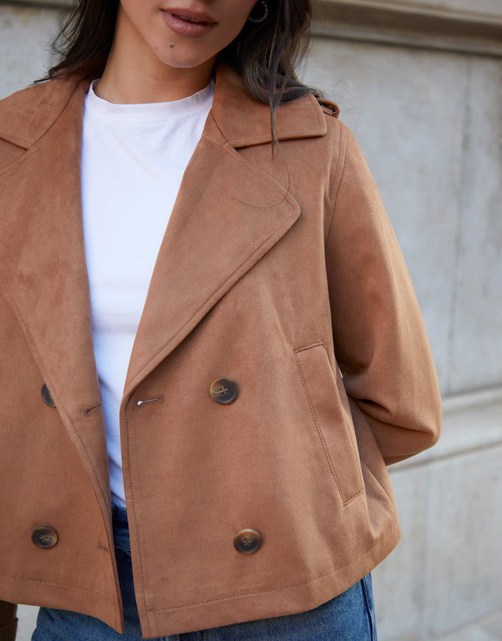 Tan Brown Suedette Cropped Trench Coat