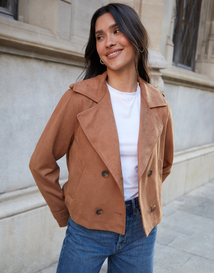 Tan Brown Suedette Cropped Trench Coat