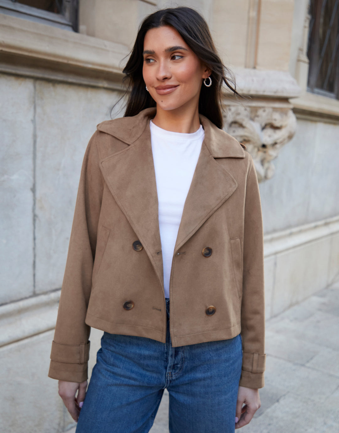Taupe Suedette Cropped Trench Coat