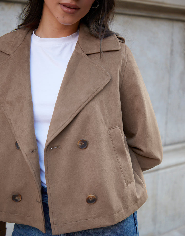 Taupe Suedette Cropped Trench Coat