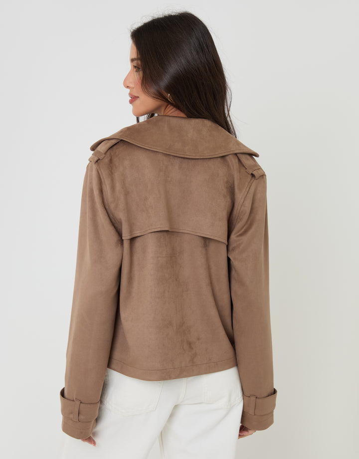 Taupe Suedette Cropped Trench Coat