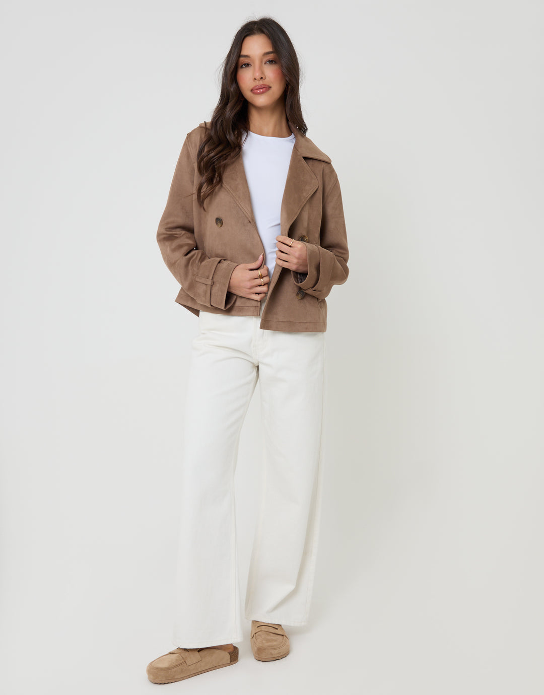 Taupe Suedette Cropped Trench Coat