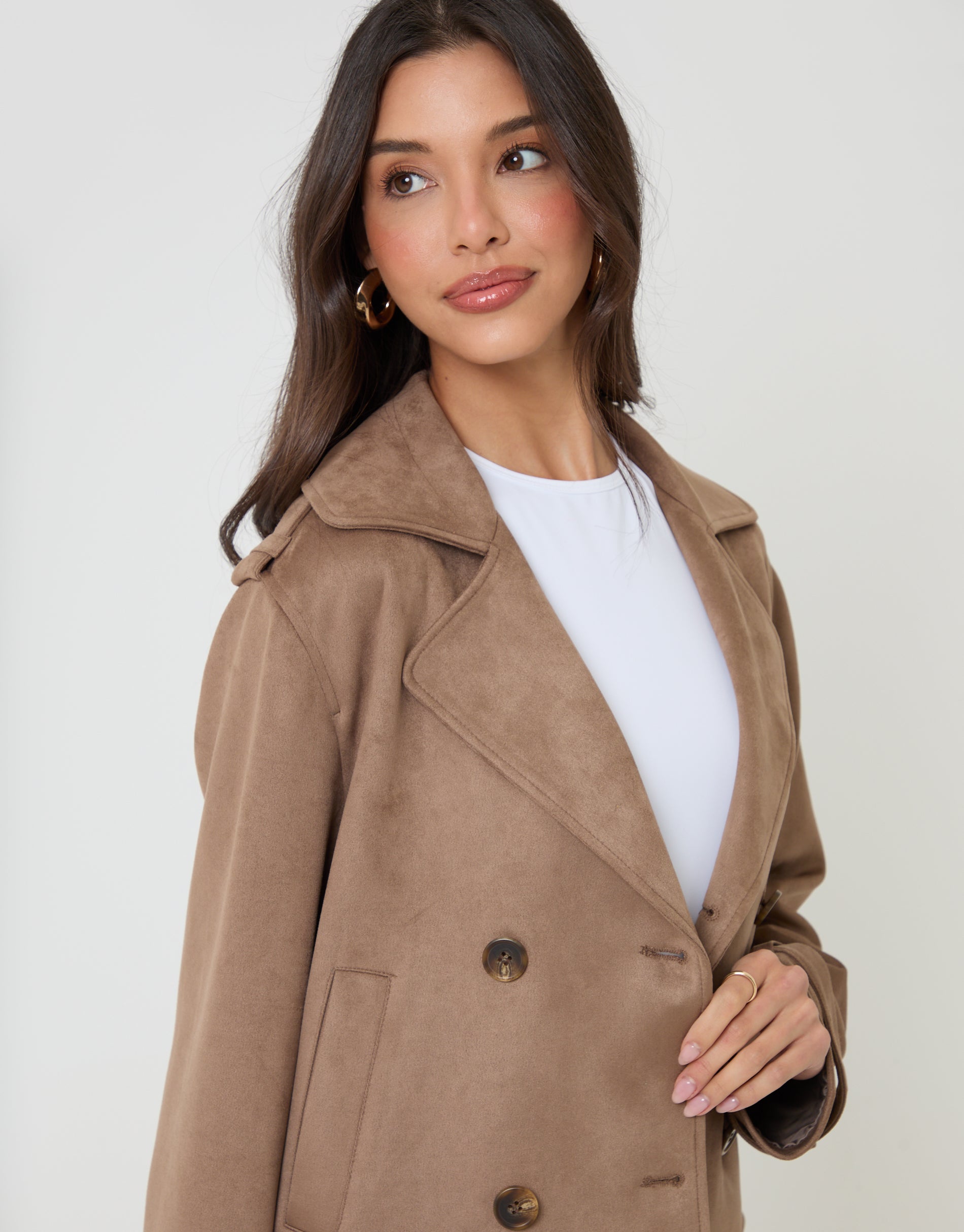 Threadbare Women's Taupe Suedette Cropped Trench Coat