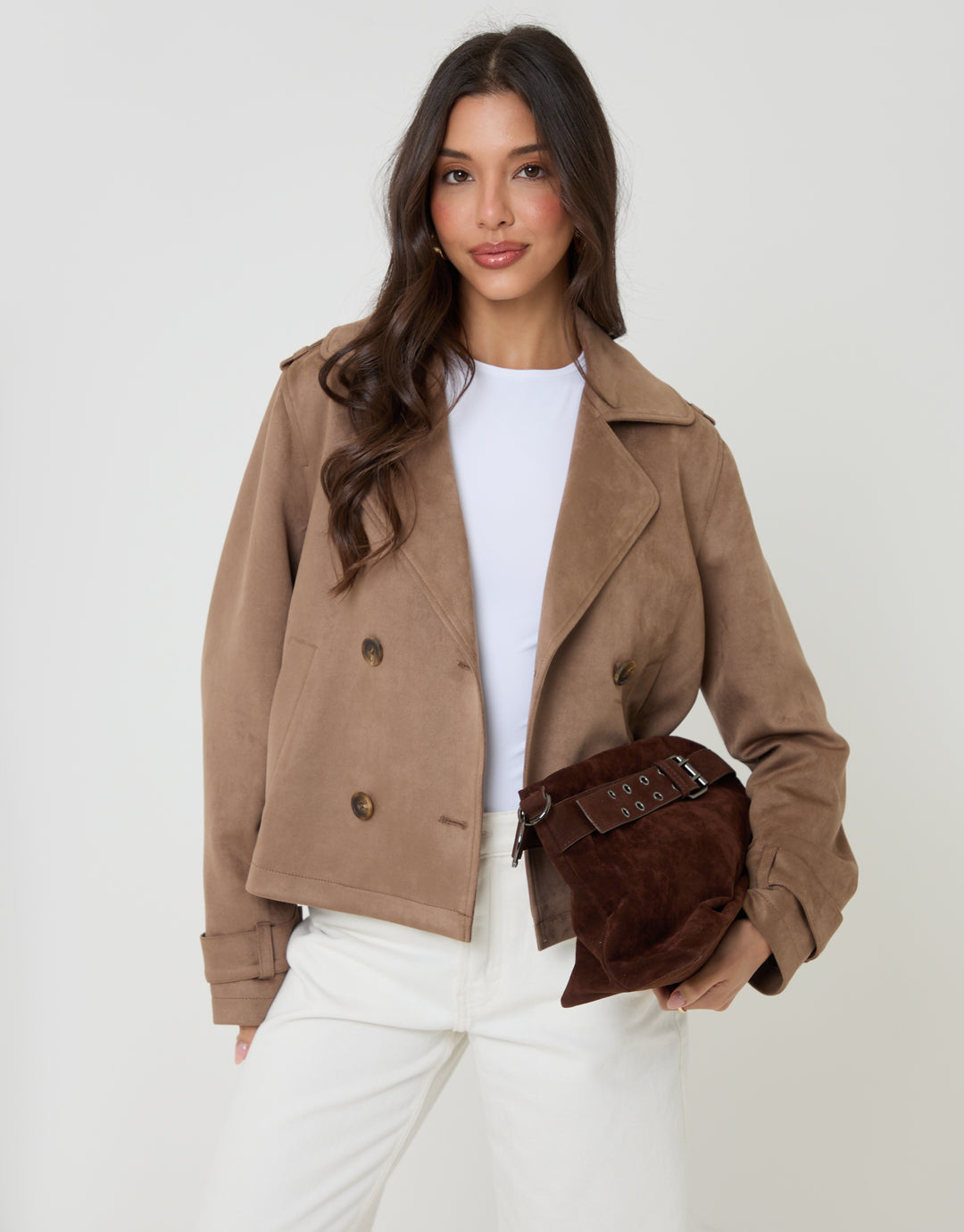 Taupe Suedette Cropped Trench Coat