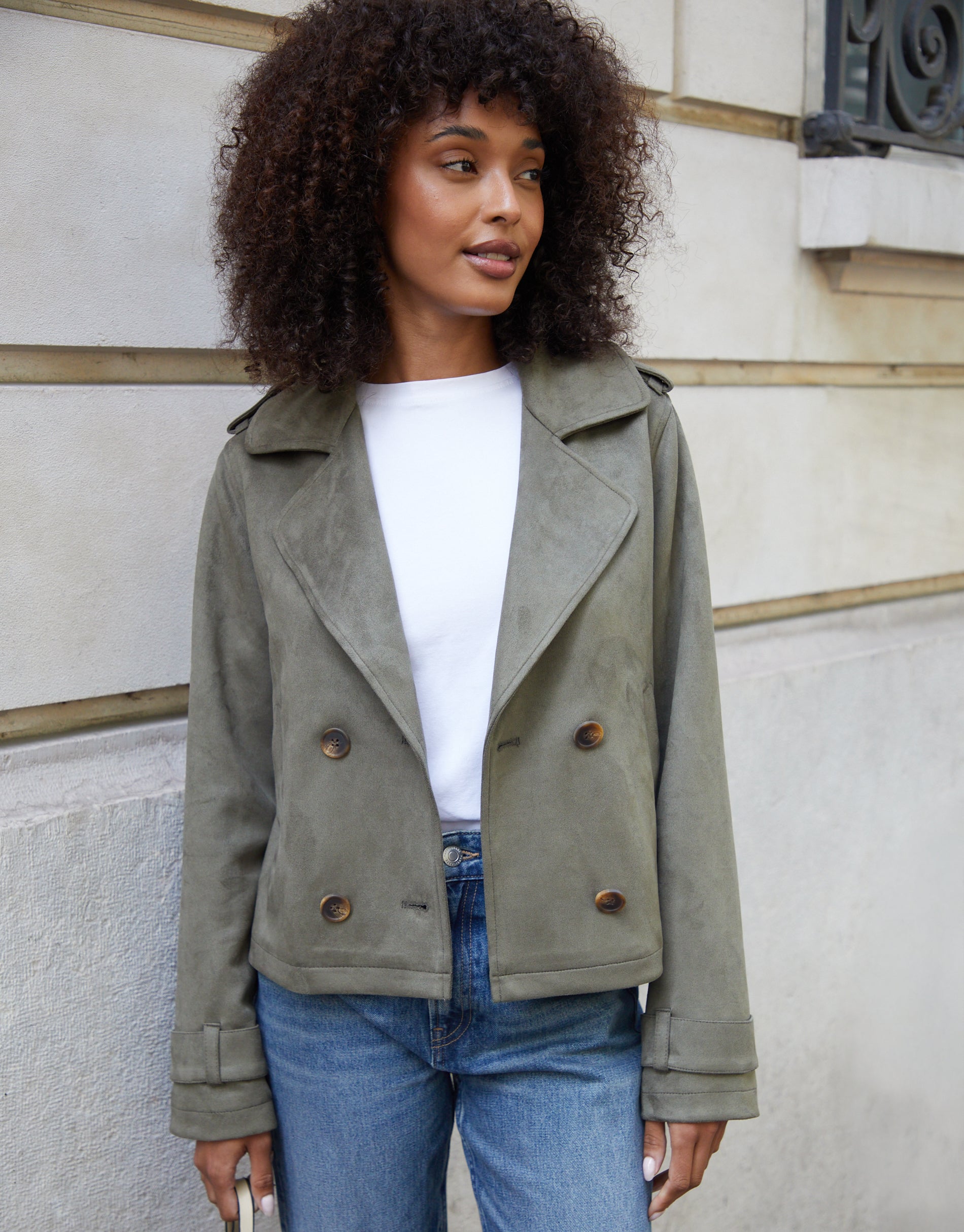 Threadbare Women's Olive Green Suedette Cropped Trench Coat