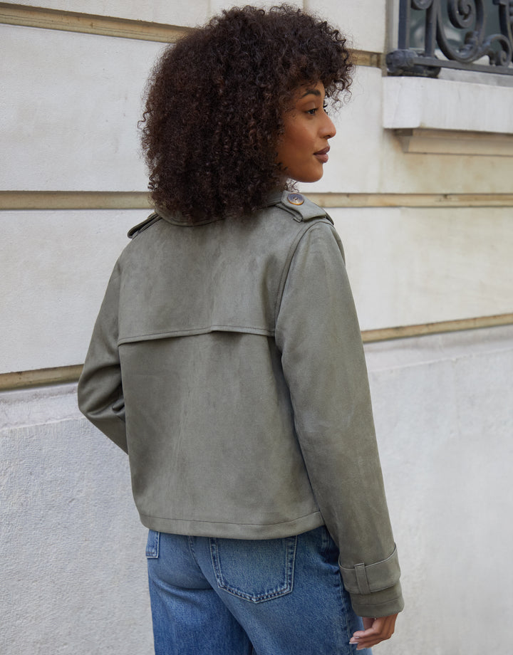 Olive Green Suedette Cropped Trench Coat