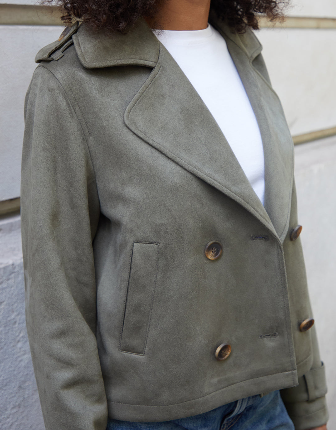 Olive Green Suedette Cropped Trench Coat