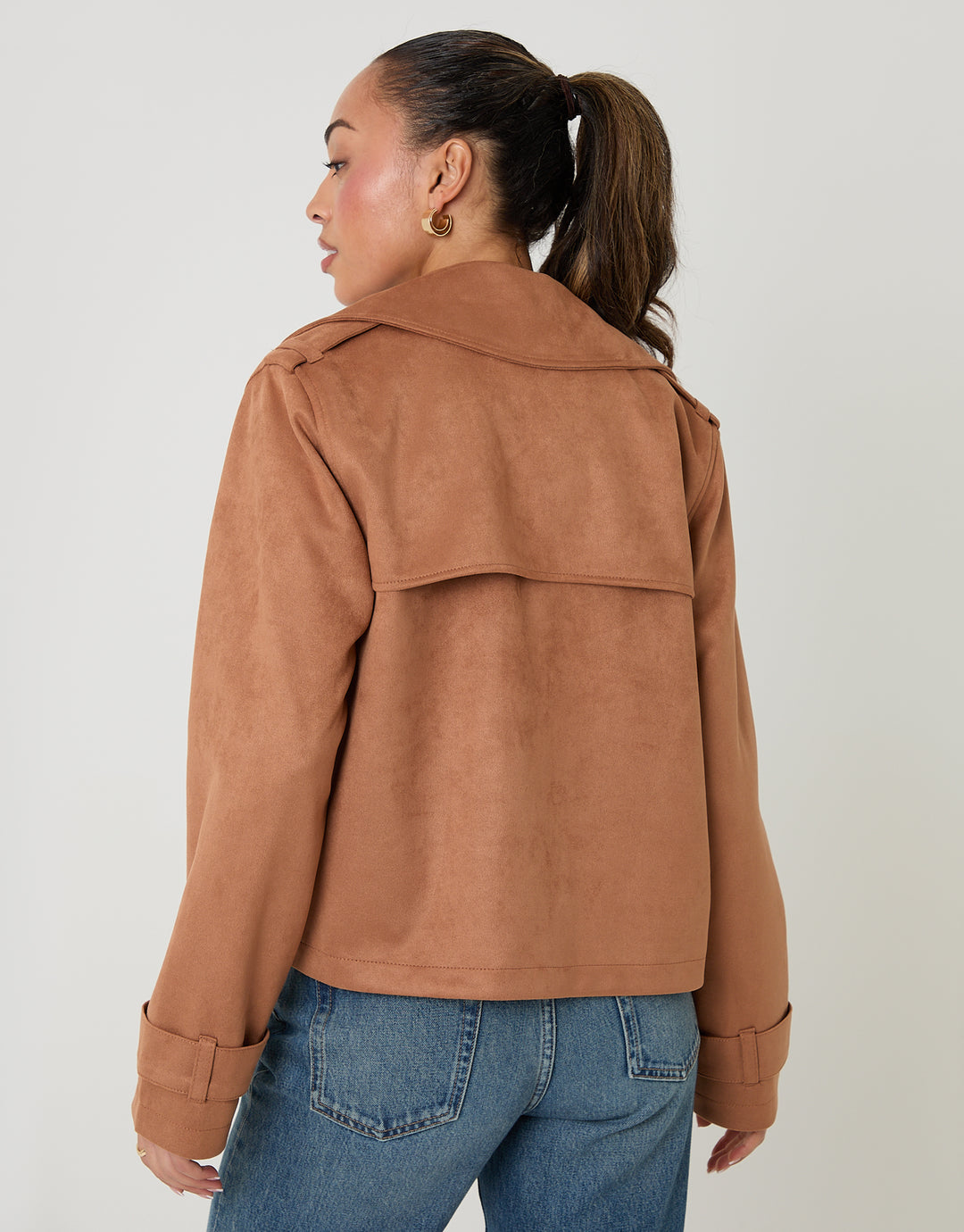Tan Brown Suedette Cropped Trench Coat