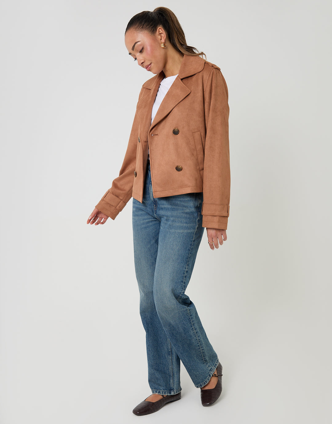 Tan Brown Suedette Cropped Trench Coat